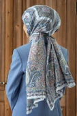 100% İpek Etro Desenli Bebe Mavisi - Pembe Renkli 92x210 Şal thumbnail 1
