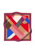 %100 Twill İpek Geometrik Desenli Kırmızı - Saks Renkli 90x90 Eşarp Dikim Şekli : El Dikişi thumbnail 2