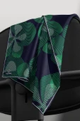 %100 Twill İpek Çizgili Çiçek Desenli Lacivert - Zümrüt Yeşili Renkli 90x90 Eşarp Dikim Şekli : El Dikişi thumbnail 6