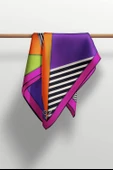 %100 Twill İpek Çizgili ve Geometrik Desenli Fuşya - Turuncu Renkli 90x90 Eşarp Dikim Şekli : El Dikişi thumbnail 4