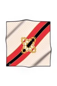 %100 Twill İpek Monogram Ve Barok Desenli Kırmızı - Krem Renkli 90x90 Eşarp Dikim Şekli : El Dikişi thumbnail 2