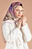 %100 Twill İpek Çiçek Desenli Mor - Pembe Renkli 90x90 Dikim Şekli : El Dikişi Eşarp thumbnail 4