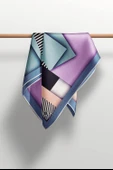 %100 Twill Renk Bloklu Çizgili Desenli Lila - İndigo Renkli 90x90 Eşarp Dikim Şekli: El Dikişii thumbnail 4