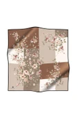 %100 Twill İpek Geometrik Ve Çiçek Desenli Bej - Taba Renkli 90x90 Eşarp Dikim Şekli : El Dikişi thumbnail 2