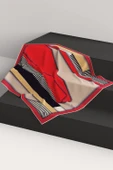 %100 Twill Renk Bloklu Çizgili Desenli Kırmızı - Bej Renkli 90x90 Eşarp Dikim Şekli: El Dikişii thumbnail 6