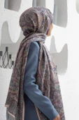 100% İpek Etnik Desenli Pudra - Gül Kurusu Renkli 92x210 Şal thumbnail 1