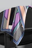 %100 Twill Renk Bloklu Çizgili Desenli Lila - İndigo Renkli 90x90 Eşarp Dikim Şekli: El Dikişii thumbnail 5