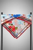 % 57 İPEK % 43 VİSKON Twill İpek Sulu Boyalı Çiçek Desenli Kırmızı - Bebe Mavisi Renkli 90x90 Eşarp Dikim Şekli : El Dikişi thumbnail 6