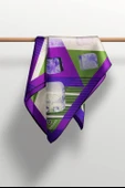 %100 Twill İpek Geometrik Desenli Mor - Haki Renkli 90x90 Eşarp Dikim Şekli : El Dikişi thumbnail 6