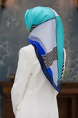 %100 Twill İpek Çizgili ve Geometrik Desenli Saks - Mint Yeşili Renkli 90x90 Eşarp Dikim Şekli : El Dikişi thumbnail 1