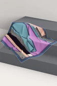 %100 Twill Renk Bloklu Çizgili Desenli Lila - İndigo Renkli 90x90 Eşarp Dikim Şekli: El Dikişii thumbnail 6