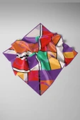 %100 Twill İpek Geometrik Desenli Mor - Kırmızı Renkli 90x90 Eşarp Dikim Şekli : El Dikişi thumbnail 3