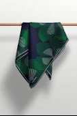%100 Twill İpek Çizgili Çiçek Desenli Lacivert - Zümrüt Yeşili Renkli 90x90 Eşarp Dikim Şekli : El Dikişi thumbnail 5