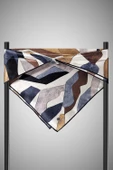 %100 Twill İpek Geometrik Desenli Bej - Gri Renkli 90x90 Eşarp Dikim Şekli : El Dikişi thumbnail 3