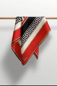 %100 Twill İpek Labirent Ve Geometrik Desenli Kırmızı - Siyah Renkli 90x90 Eşarp Dikim Şekli : El Dikişi thumbnail 3