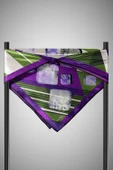 %100 Twill İpek Geometrik Desenli Mor - Haki Renkli 90x90 Eşarp Dikim Şekli : El Dikişi thumbnail 4