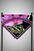 %100 Twill İpek Yaprak Desenli Lila - Pembe Renkli 90x90 Eşarp Dikim Şekli : El Dikişi thumbnail 6