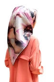 %100 Twill İpek Batik Çiçek Desenli Somon - Lila Renkli 90x90 Eşarp Kenar Dikiş Şekli El Dikişli thumbnail 1
