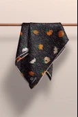 %100 Twill İpek Çıtır Çiçek Desenli Siyah - Taba Renkli 90x90 Eşarp Dikim Şekli : El Dikişi thumbnail 4