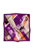 %100 Twill İpek Geometrik Desenli Mürdüm - Turuncu Renkli 90x90 Eşarp Dikim Şekli : El Dikişi thumbnail 2