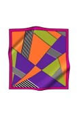 %100 Twill İpek Çizgili ve Geometrik Desenli Fuşya - Turuncu Renkli 90x90 Eşarp Dikim Şekli : El Dikişi thumbnail 2