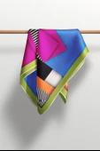 %100 Twill Renk Bloklu Çizgili Desenli Fuşya - Saks Renkli 90x90 Eşarp Dikim Şekli: El Dikişii thumbnail 4
