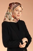 %100 Twill İpek Çiçek Desenli Gold - Taba Renkli 90x90 Dikim Şekli : El Dikişi Eşarp thumbnail 4