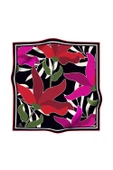 %100 Twill İpek Yaprak Desenli Kırmızı - Pembe Renkli 90x90 Eşarp Dikim Şekli : El Dikişi thumbnail 2