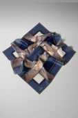 %100 Twill İpek Efektli Bant Desenli İndigo - Lacivert Renkli 90x90 Eşarp Dikim Şekli : El Dikişi thumbnail 5