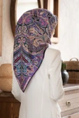 100% Twill İpek Etnik Desenli Mor - Petrol Yeşili Renkli 90x90 Dikim Şekli : El Dikişi Eşarp thumbnail 1