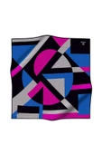 %100 Twill İpek Geometrik Çizgi Desenli Saks - Fuşya Renkli 90x90 Eşarp Kenar Dikiş Şekli El Dikişli thumbnail 2