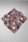 %100 Twill İpek Efektli Bant Desenli Pudra - Gri Renkli 90x90 Eşarp Dikim Şekli : El Dikişi thumbnail 4