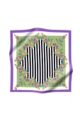 %100 Twill İpek Çıtır Çiçekli Ve Çizgi Desenli Mor - Haki Renkli 90x90 Eşarp Dikim Şekli : El Dikişi thumbnail 2
