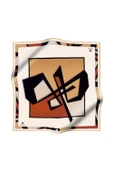 %100 Twill İpek Geometrik Desenli Taba - Gold Renkli 90x90 Eşarp Dikim Şekli : El Dikişi thumbnail 2