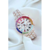 Clariss Trend Rose Metal Kordonlu Zirkon Taş Kaplama Renkli Taşlı Kasa Tasarımlı Lüx Kadın Kol Saati thumbnail 1