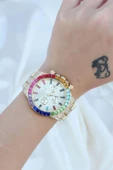 Clariss Trend Gold Metal Kordonlu Zirkon Taş Kaplama Renkli Taşlı Kasa Tasarımlı Lüx Kadın Kol Saati thumbnail 4