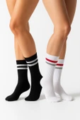 Kadın 2’li Tenis Çorabı Seti – Siyah & Beyaz Çizgili Spor Çorap – Nefes Alabilir Pamuklu thumbnail 1