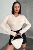 Rahat Ve Şık Uzun Kollu Bisiklet Yaka Likralı Viskon Penye Body Bej thumbnail 1
