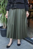 Zarif Ve Modern Pileli Parlak Krep Gizli Lastikli Haki Etek thumbnail 3