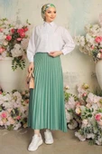 Zarif Ve Modern Pileli Parlak Krep Gizli Lastikli Mint Etek thumbnail 4