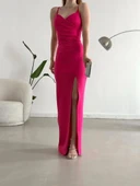 MDB Kadın Dalgıç Kumaş Askılı Yırtmaç Detaylı V Yaka Maxi Boy Elbise thumbnail 2