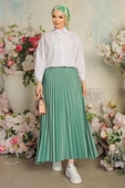 Zarif Ve Modern Pileli Parlak Krep Gizli Lastikli Mint Etek thumbnail 1