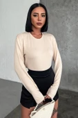 Rahat Ve Şık Uzun Kollu Bisiklet Yaka Likralı Viskon Penye Body Bej thumbnail 2