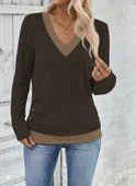 MDB Kadın Uzun Kollu V Yakalı Yandan Düğmeli Yün Viskon Bluz thumbnail 3