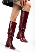 SYT-2002 Bordo Kırışık Rugan Körüklü Kalın Topuklu Günlük Bayan Çizme thumbnail 6