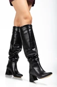 SYT-2002 Siyah Kırışık Rugan Körüklü Kalın Topuklu Günlük Bayan Çizme thumbnail 3