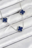 316L Çelik Zincir Gümüş Lacivert Renk Yonca Kadın Kolye thumbnail 1