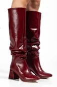 SYT-2002 Bordo Kırışık Rugan Körüklü Kalın Topuklu Günlük Bayan Çizme thumbnail 5