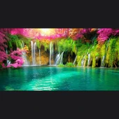 Şelale ve Göl Resmi Kanvas Tablo 60 x 120 thumbnail 2