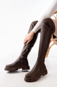 812-2194 Kahverengi Fermuarlı Diz Üstü Bağcıklı Çorap Günlük Kadın Çizme thumbnail 3